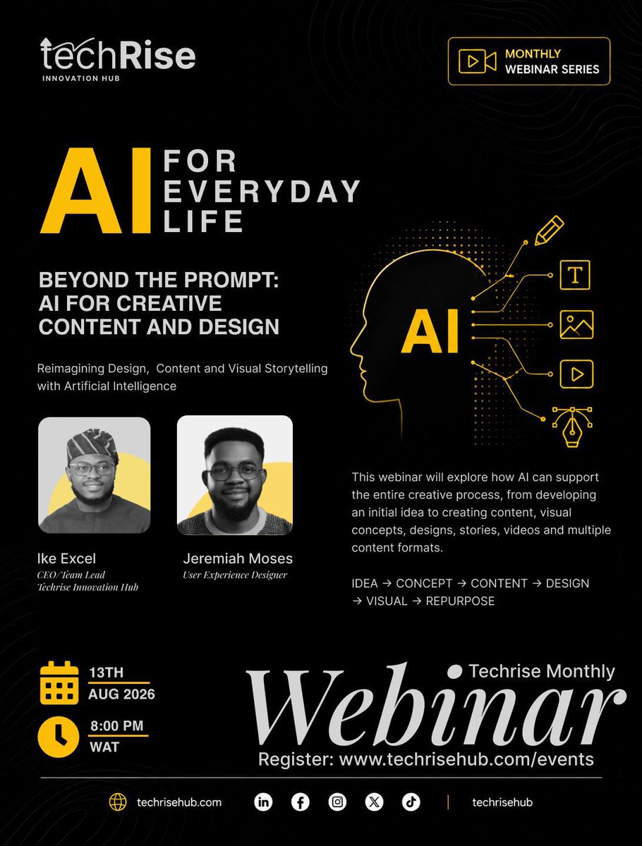 Techrisehub's tweet photo. The focus is on a bigger question:
What can you actually create with AI?
This webinar will explore how AI can support the entire creative process, from developing an initial idea to creating content, visual concepts, designs, stories, videos and multiple content formats. https://t.co/3v9Bo6jKWQ