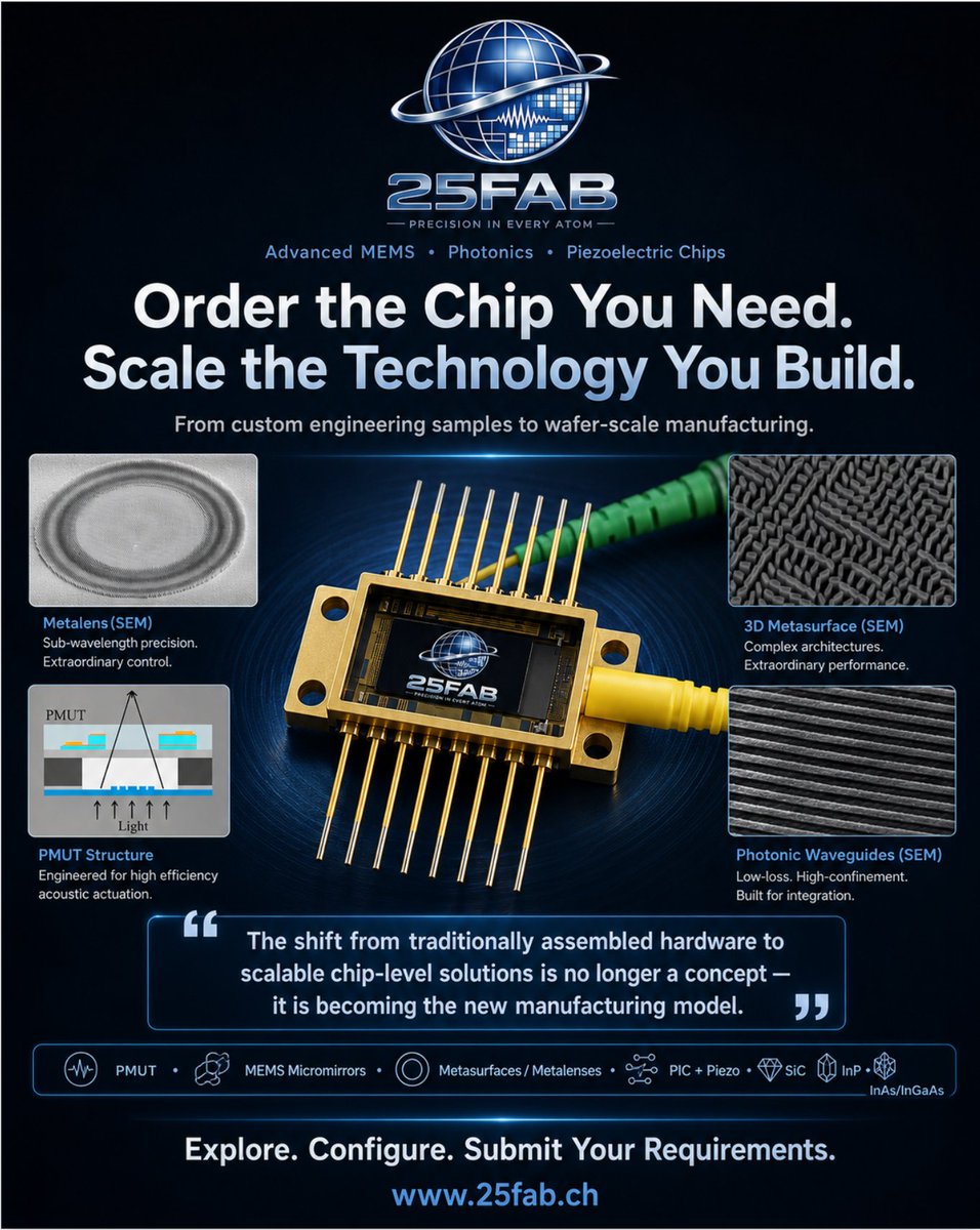 25FABGmbh's tweet photo. Advanced hardware is moving from assembled systems to scalable chips. 
25FAB builds PMUT, MEMS micromirror, metalens, photonics &amp; semiconductor platforms from prototype to wafer scale. Explore: https://t.co/rpGJBv0fI3 
Follow @25FAB for real fabrication updates. #MEMS #Photonics https://t.co/khRleRefmf