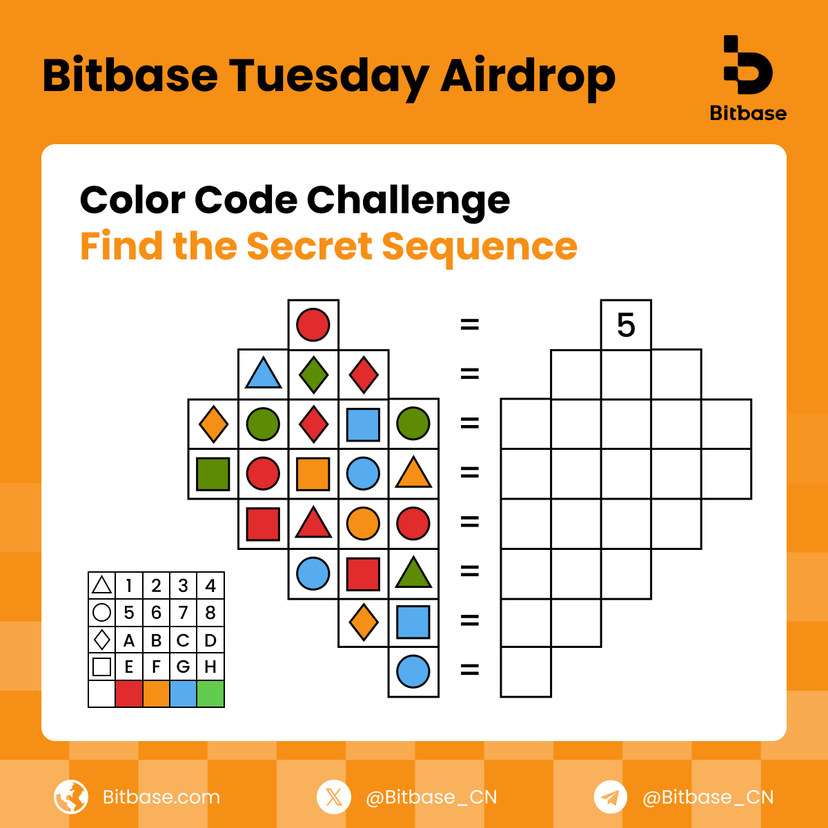 Bitbase_Ex's tweet photo. 🎁#BitbaseTuesdayAirdrop | Color Code Challenge

Shape + Color = Secret Code! How to Enter:
1️⃣ Follow @Bitbase_EX &amp; Like
2️⃣ Retweet &amp; Tag 3 friends
3️⃣Comment your answer + #BitbaseGems

💰 Prize: 3 winners x 50 USDT Bonus each!
📅 Ends: Aug 14, 10:00 (UTC) https://t.co/RMF5pT5jvt