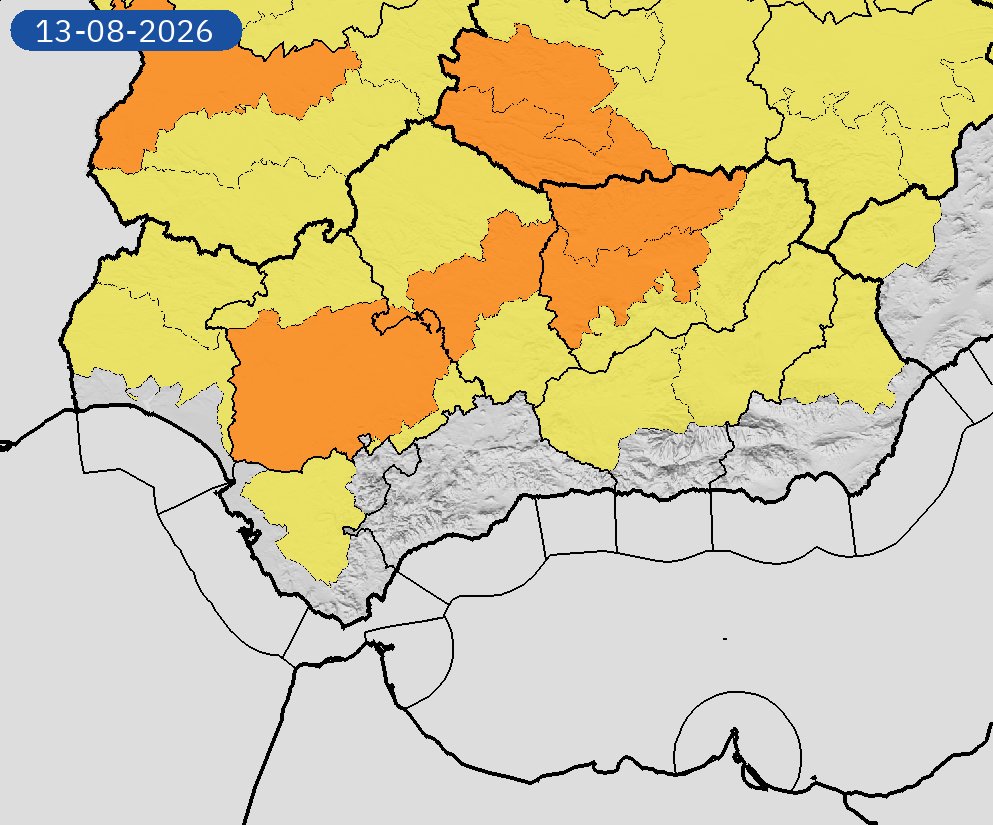 AEMET_Andalucia's tweet photo. 11/08 11:37 AVISOS PASADO MAÑANA | Andalucía: temperaturas máximas y tormentas. Nivel máximo de aviso: naranja.
Actualizaciones en https://t.co/Dfanf8vdfH https://t.co/ArMBaWYRan