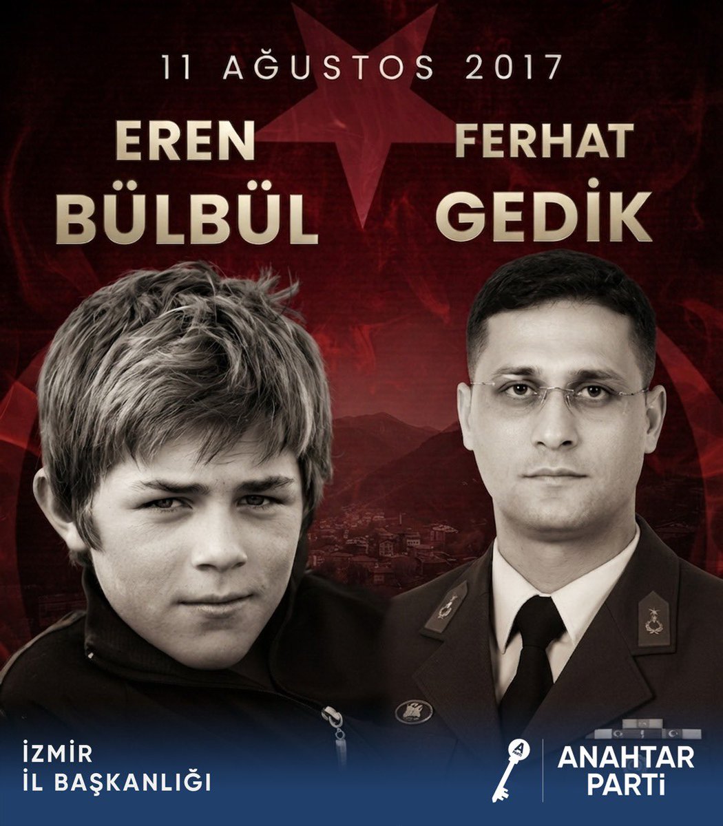 Anahtarizmir35's tweet photo. 11 Ağustos 2017’de hain saldırıda şehit düşen kahramanlarımız Eren Bülbül ve Ferhat Gedik’i rahmet, minnet ve dualarla anıyoruz.

🇹🇷 İyi ki varsın Eren…
Unutmadık, unutmayacağız.
Vatan için can veren tüm şehitlerimizin ruhu şad olsun.

Anahtar Parti İzmir İl Başkanlığı 🇹🇷
@yavuzagiraliog @huseyincakir_35 @anahtarparti
