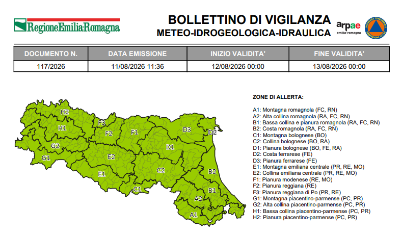 AllertaMeteoRER's tweet photo. #BollettinoVigilanzaER VERDE nessuna allerta dalle 00:00 del 12/08/2026 alle 00:00 del 13/08/2026, con possibili temporali sparsi nelle ore pomeridiane sugli Appennini, localmente in estensione sulla pianura. ➡https://t.co/Bc22M951ox https://t.co/ADyiziISou