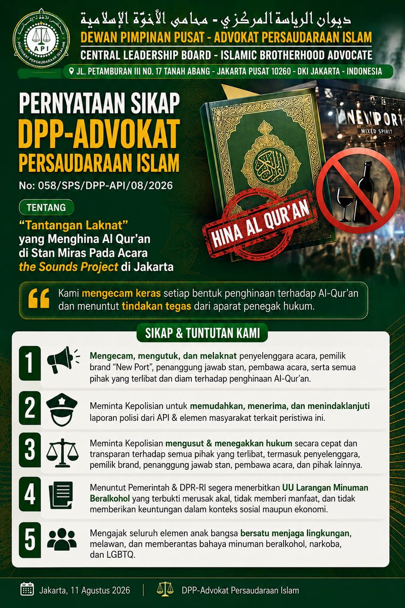 Muslim_AntiPKI9's tweet photo. PERNYATAAN SIKAP 
PP ADVOKAT PERSAUDARAAN ISLAM
Tentang
"TANTANGAN LAKNAT" YANG MENGHINA AL QUR'AN DI STAN MIRAS PADA ACARA THE SOUNDS PROJECT DI JAKARTA https://t.co/bKh1Juzv3M