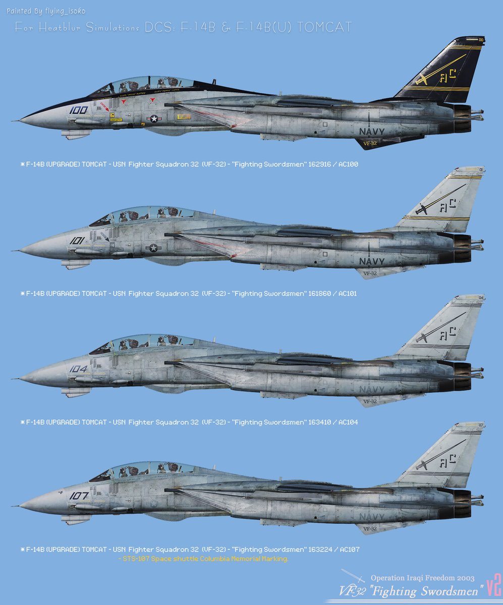 flying_isoko's tweet photo. DCS : Heatblur F-14B & F-14B(U) 専用
2つのPACKをv2.0にアップデートしました🆙

・VF-32 Swordsmen - OIF 2003 PACK
https://t.co/wQzmhKSpcj
・VF-103 Jolly Rogers - OSW 2000 PACK
https://t.co/GNdIKNzSis

VF-32PACKの機体はDCS F-14B(U)ストアページのサムネイルに採用していただいたスキンです。私の初のB(U)アップデート対応作品どうぞお楽しみ下さい。
#DCS #DCS_World #DCSWorld
#今日のとむ猫ぺいんと