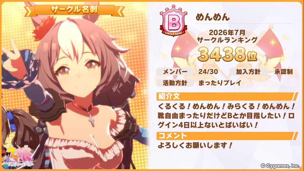 komesatono's tweet photo. @UmaAccountMearo 勧誘失礼致します
まだお決まりでなければうちのサークルどうでしょうか？
ノルマなし、未ログ4日除名対象（忙しい場合連絡ありで対応可）、靴自由、外部ツールなしのサークルです
B安定サークルですが、目指せる時は上を目指しております。
よかったらご検討いただけると嬉しいです☺️ https://t.co/BZwcstkRrE