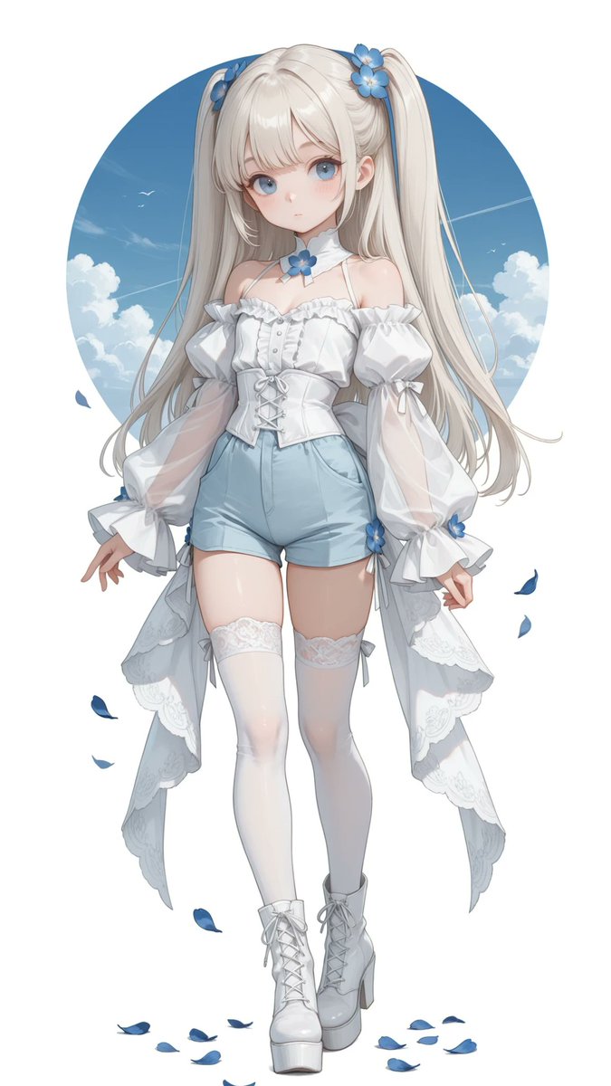 AliceLavli's tweet photo. コルセットトップ+ショートパンツのコーディネートの衣装プロンプトをどうぞ✨
white corset top and light blue tailored shorts ensemble, structured pure white strapless corset top, sweetheart neckline, fitted molded bust cups, narrow white ruffle trim following the entire neckline, sharply fitted boned waist, pointed V-shaped lower front hem, vertical corset panel seams, centered vertical row of small silver hook-and-eye closures, small layered fabric flower ornament centered between the bust cups, flower composed of sky blue petals with a small white circular center, detachable white off-shoulder short puff sleeves positioned around the upper arms, voluminous gathered sleeves, double white ruffled sleeve edges, high-waisted light powder blue tailored short shorts, clean straight waistband, fitted upper hip, slightly loose straight-cut legs, short upper-thigh length, subtle side pockets, long pure white lightweight fabric tails attached symmetrically at both sides of the waist, flowing downward behind the shorts to approximately calf length, white diamond-pattern thigh-high stockings with solid white lace bands, white knee-high lace-up platform boots, chunky white block heels, strict color placement, pure white corset sleeves fabric tails stockings and boots only, light powder blue shorts only, sky blue flower petals only, silver front closures only