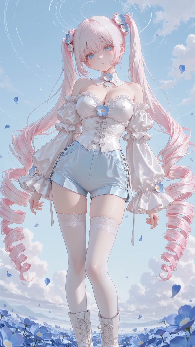 AliceLavli's tweet photo. コルセットトップ+ショートパンツのコーディネートの衣装プロンプトをどうぞ✨
white corset top and light blue tailored shorts ensemble, structured pure white strapless corset top, sweetheart neckline, fitted molded bust cups, narrow white ruffle trim following the entire neckline, sharply fitted boned waist, pointed V-shaped lower front hem, vertical corset panel seams, centered vertical row of small silver hook-and-eye closures, small layered fabric flower ornament centered between the bust cups, flower composed of sky blue petals with a small white circular center, detachable white off-shoulder short puff sleeves positioned around the upper arms, voluminous gathered sleeves, double white ruffled sleeve edges, high-waisted light powder blue tailored short shorts, clean straight waistband, fitted upper hip, slightly loose straight-cut legs, short upper-thigh length, subtle side pockets, long pure white lightweight fabric tails attached symmetrically at both sides of the waist, flowing downward behind the shorts to approximately calf length, white diamond-pattern thigh-high stockings with solid white lace bands, white knee-high lace-up platform boots, chunky white block heels, strict color placement, pure white corset sleeves fabric tails stockings and boots only, light powder blue shorts only, sky blue flower petals only, silver front closures only