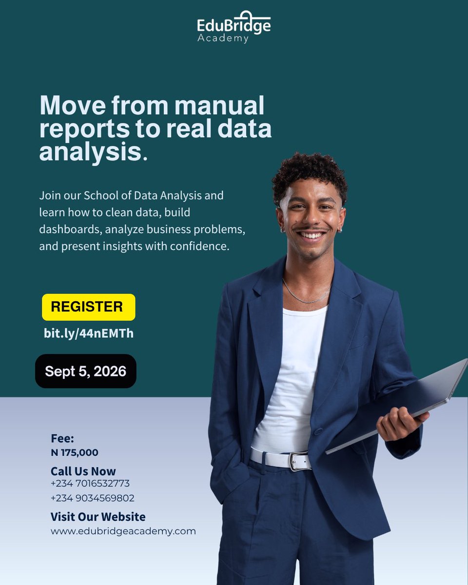edubridge_ng's tweet photo. Data is everywhere. The real opportunity is knowing how to turn it into decisions.
Build practical skills in data cleaning, dashboards, analysis & insights.
📅 Sept 5 | ₦175K
🔗 https://t.co/qM39dNBTHu
#DataAnalytics #DataAnalyst https://t.co/z2SxrhYsUx