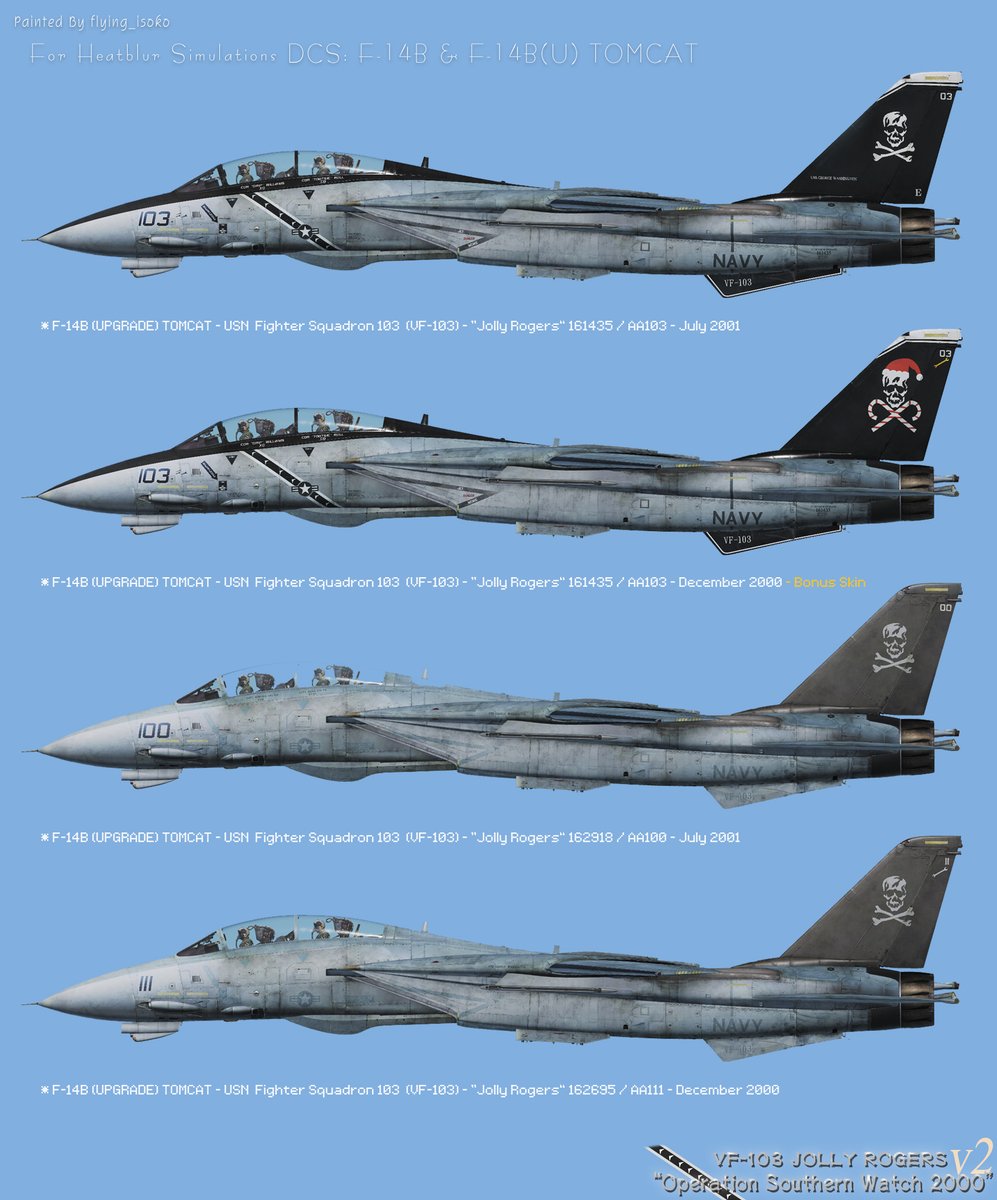 flying_isoko's tweet photo. DCS : Heatblur F-14B & F-14B(U) 専用
2つのPACKをv2.0にアップデートしました🆙

・VF-32 Swordsmen - OIF 2003 PACK
https://t.co/wQzmhKSpcj
・VF-103 Jolly Rogers - OSW 2000 PACK
https://t.co/GNdIKNzSis

VF-32PACKの機体はDCS F-14B(U)ストアページのサムネイルに採用していただいたスキンです。私の初のB(U)アップデート対応作品どうぞお楽しみ下さい。
#DCS #DCS_World #DCSWorld
#今日のとむ猫ぺいんと