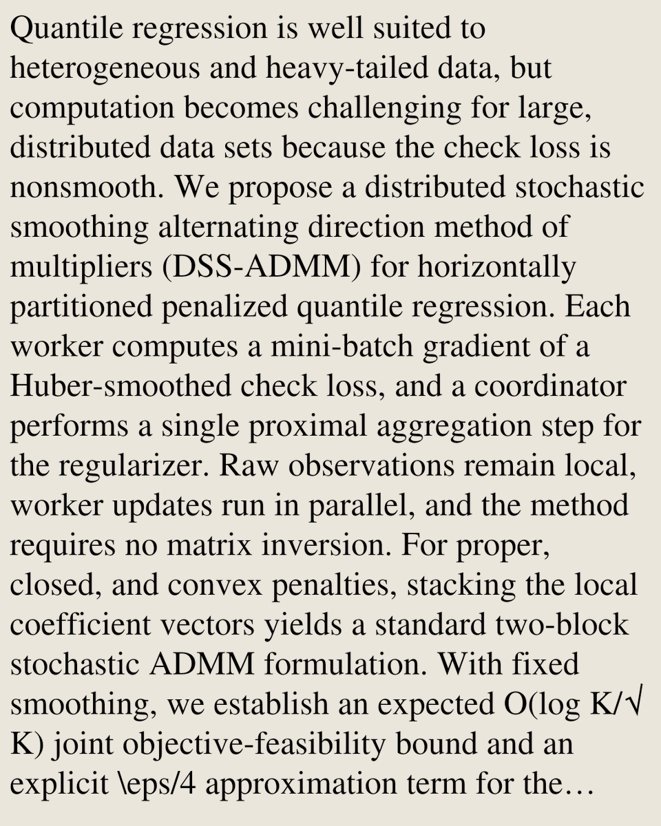 StatisticsCO's tweet photo. Distributed Stochastic Smoothing ADMM for Penalized Quantile Regression

Rongmei Liang, Xiaofei Wu
https://t.co/kP9c8YTtaV [𝚜𝚝𝚊𝚝.𝙲𝙾] https://t.co/zWrNFqpekv