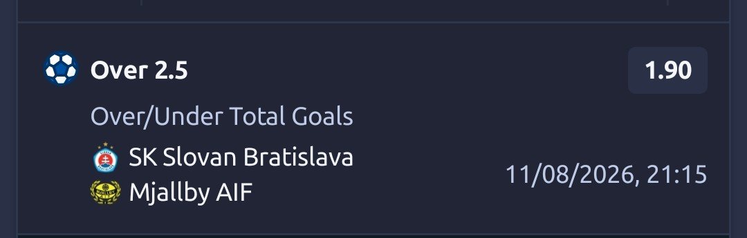BetTipsterKing's tweet photo. 📆 11.08.2026

⚡️ BET OF THE DAY

🏟 SK Slovan Bratislava 🆚️ Mjallby AIF

🎯 Tip: Total over 2.5 goals
💰 Stake: 1u https://t.co/7HpwQ1EySq