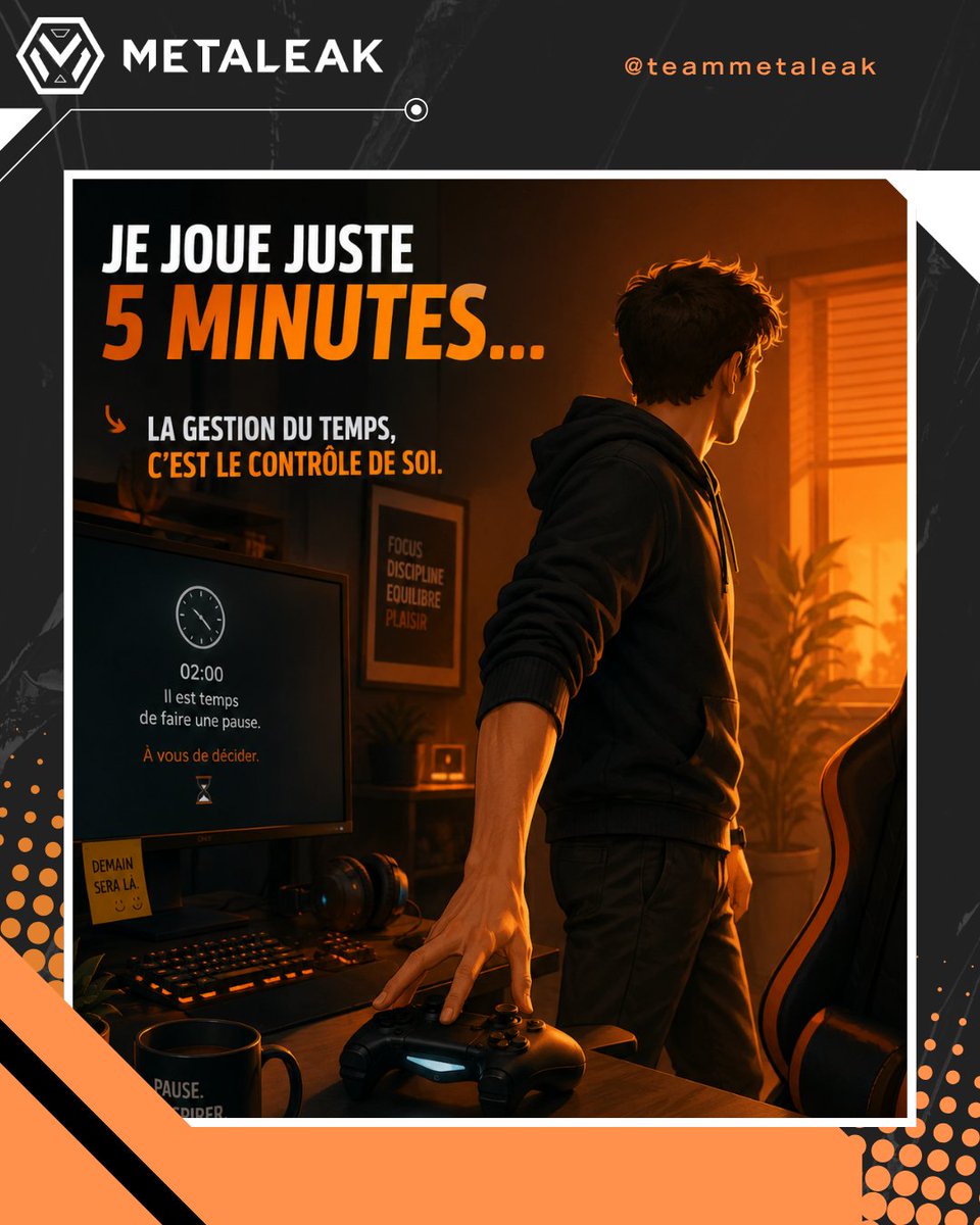 TeamMetaleak's tweet photo. 🎮 « Je joue juste 5 minutes. »

Puis une partie devient deux.
Puis trois.
Et soudain… il est 2h du matin. 😅

Savoir jouer, c’est aussi savoir s’arrêter.
⏱️ Gestion du temps = contrôle de soi.

Parfois, la meilleure partie… c’est celle qu’on sait terminer.
#Gaming #JeuVideo https://t.co/UeBU6Z7uZA