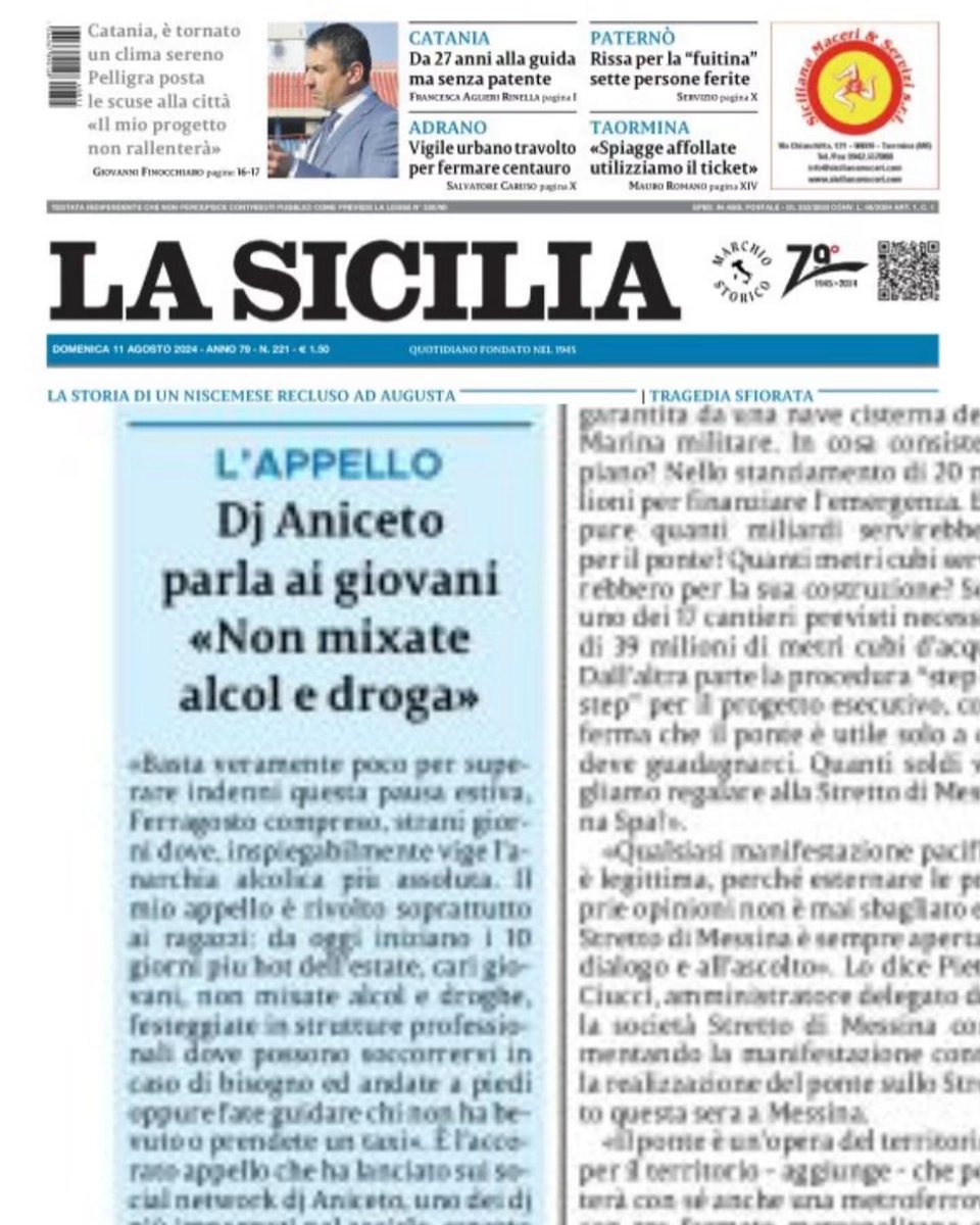 djaniceto's tweet photo. Ringrazio il quotidiano @lasicilia.it per aver pubblicato il mio appello per un ferragosto in sicurezza. Vogliatevi bene. https://t.co/5zasrGIaVm