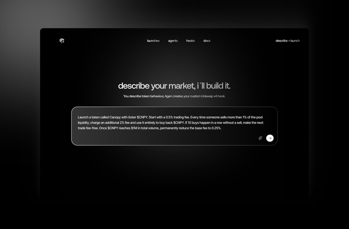 agendotspace's tweet photo. for the first time, you don’t choose how your token launches from a list of presets. you describe exactly how you want the market to behave.

agen figures out the logic, builds the custom @Uniswap v4 hook, and turns it into a live market.

your idea becomes the market. https://t.co/1Vbhe2xLU2