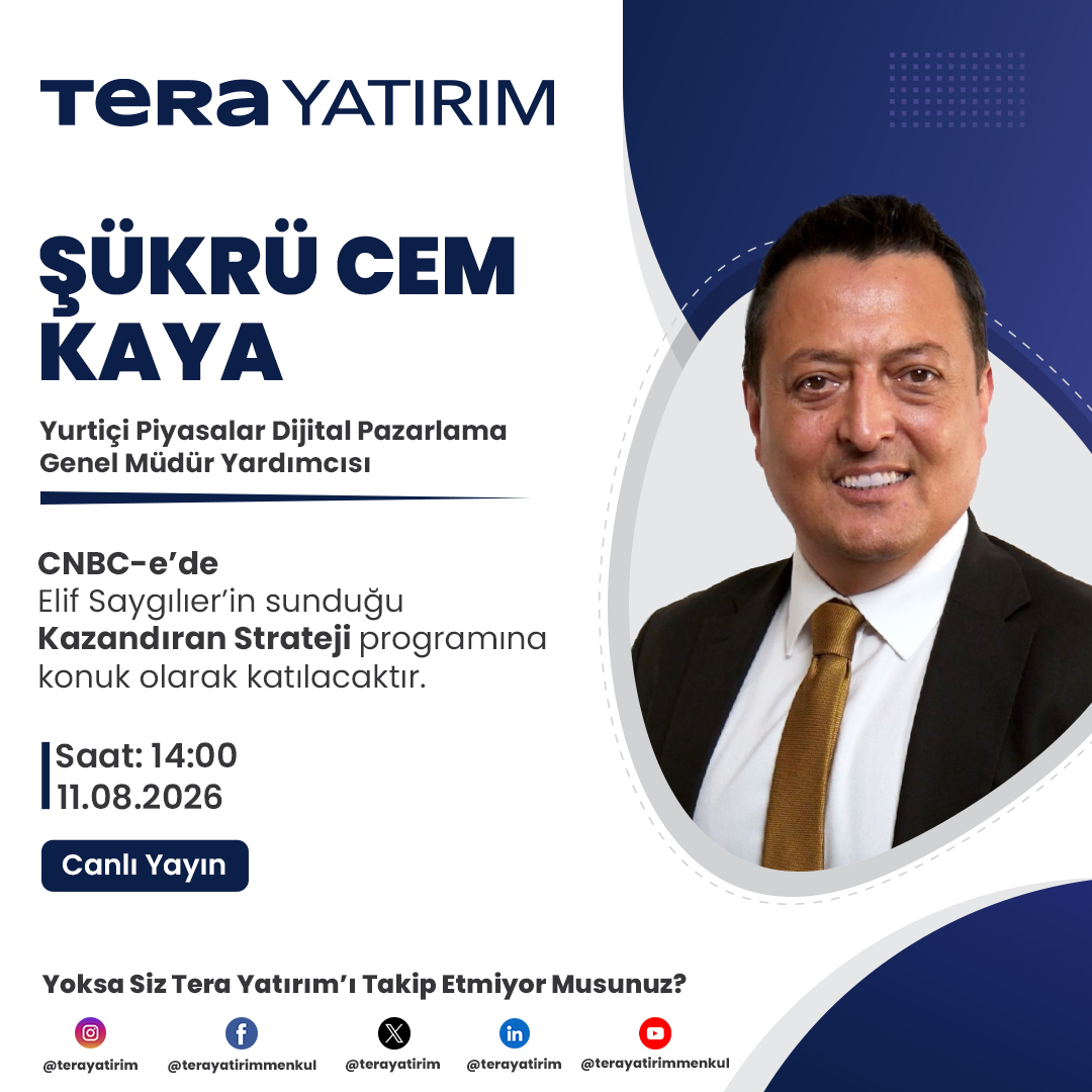 terayatirim's tweet photo. 📺 Sn. Şükrü Cem Kaya, 11.08.2026 (bugün) saat 14:00'te @cnbceofficial'de @elif_saygilier'in sunduğu "Kazandıran Strateji" programına konuk oluyor.
@SCemKaya
#terayatirim #yatirim #canliyayin #ekonomibülteni #piyasaanalizi #borsagündem #piyasasohbetleri #cnbce #kazandıranstrateji