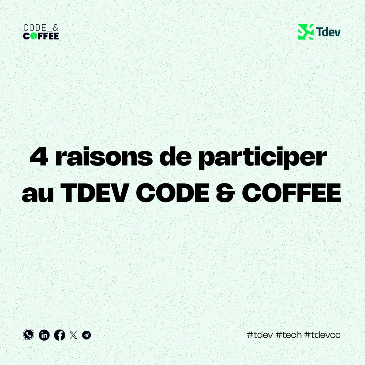 tdevorg's tweet photo. 4 raisons de venir au Code &amp; Coffee !

1️⃣ Coder ensemble 🧑‍💻
2️⃣ Comprendre l'impact de l'IA 🤖
3️⃣ Réinventer le métier de dev
4️⃣ Échanger avec la communauté.

📝 Inscription : 
https://t.co/UQexxniGCM

📅15 août 2026, 09h-12h

📍Djanta Tech Hub

#TDEV #Tech #TDEVCC https://t.co/1ADAN5xUo1