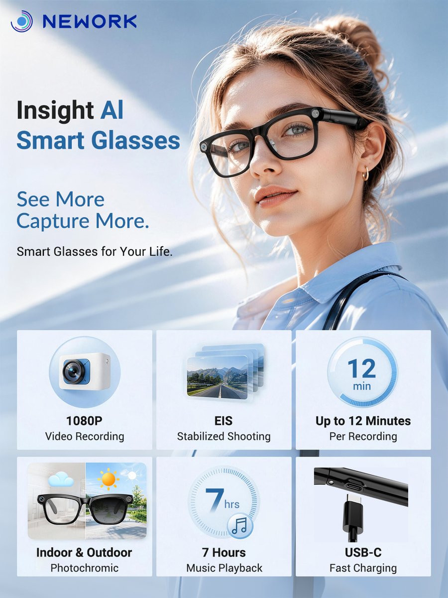 Nework_us's tweet photo. Your lifestyle, elevated. 👓🚀

Introducing the Nework Insight AI Smart Glasses—your all-in-one for smooth video capture, adaptive vision, and non-stop audio.

🎥 1080P EIS Smooth Video 
🎵 7-Hour Playback 
☀️ Photochromic Lenses
 ⏱️ 12-Min Continuous Recording 
⚡ USB-C Fast Charge
Don't just watch. Experience.

🔗 Learn More: https://t.co/eyx1camIXs

#Nework #AISmartGlasses #SmartTech #FutureWear #Innovation