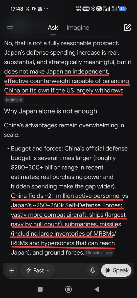 0a3kw0F's tweet photo. @IsabellaAn67 Grok doesn't think Japan alone can standup to China military wise👇 https://t.co/8Bj7LDnASl