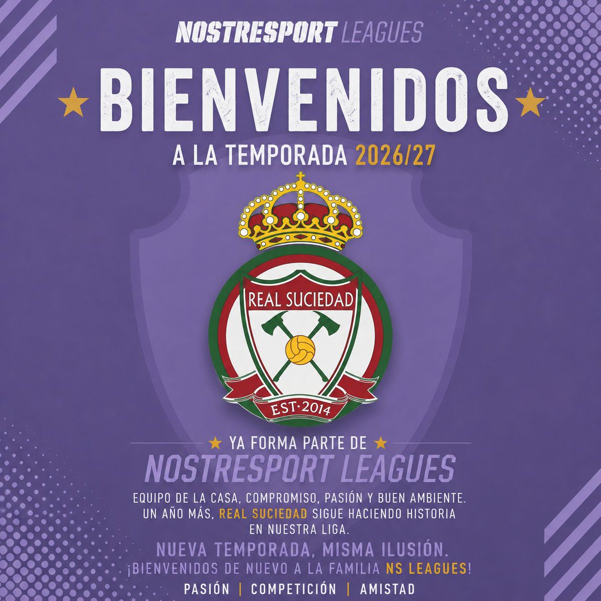 NSLeagues's tweet photo. 👑 ¡Bienvenidos de nuevo, Real Suciedad!

Un equipo de la casa, parte de la historia de Nostresport Leagues y que vuelve una temporada más con la misma ilusión y pasión. 💜⚽

¡Gracias por seguir formando parte de la familia!

#NSLeagues #Futbol7 https://t.co/FpDKX7EVhf