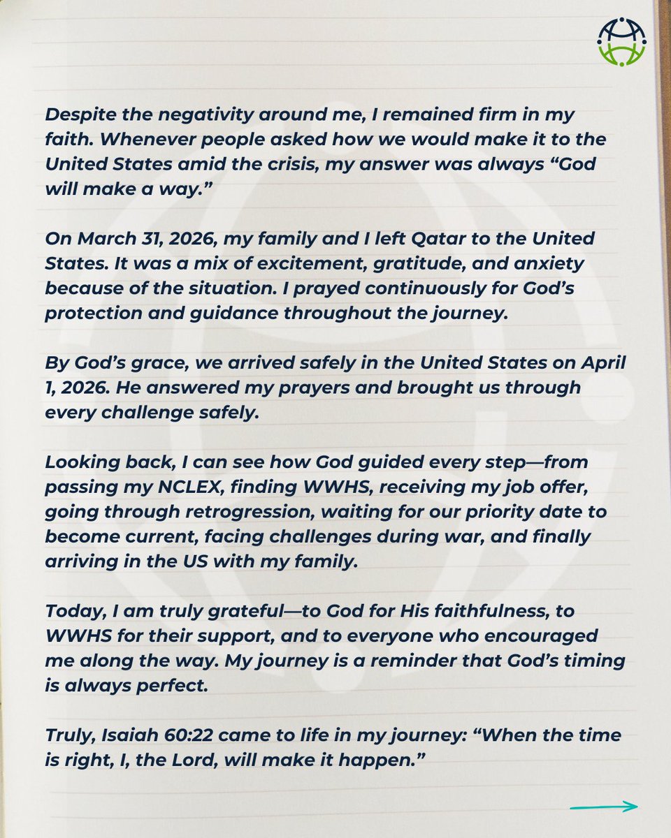 WWHealthStaff's tweet photo. Your journey is unique, and so are the challenges you may face along the way.

For Jennelyn, staying focused, holding on to her faith, and having trusted support throughout the process helped her and keep moving forward.

#WWHS #InternationalNurse #ImmigrationSuccess https://t.co/pa0yrsOdlu