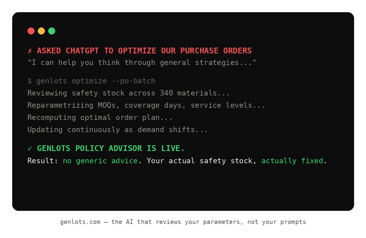 GenLots's tweet photo. 🤔 "Can't I just ask an AI to fix my purchase orders?"
Sure, you'll get a strategy. 

GenLots gives you a plan.

GenLots' Policy Advisor reviews your actual safety stock.

No prompt, no spreadsheet, just operational intelligence.

It reviews your parameters, not your prompts. https://t.co/sZRs9Ic2xv