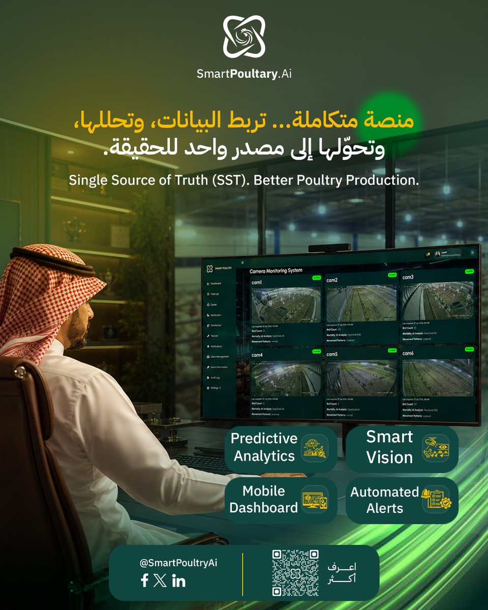 SmartPoultryAi's tweet photo. طُورت منصة SmartPoultryAI برؤية مختلفة...
أن تكون منصة تشغيل ذكية تجمع البيانات، وتحللها، وتساعد فرق التشغيل على اتخاذ القرار في الوقت المناسب، بدلاً من الاكتفاء بعرض الأرقام. وهذا ما يميزها كمنصة تجمع البنية الذكية، والتحليلات، وإدارة العمليات ضمن تجربة واحدة. ​
وتعتمد المنصة على مجموعة من التقنيات التي تعمل معًا، منها:​
-IoT 
لجمع البيانات التشغيلية تلقائيًا من المزرعة. ​
-Computer Vision 
والكاميرات الذكية لتحليل ما يحدث داخل العنابر. ​
-AI Insights & Predictive Analytics 
لاستخراج الرؤى والتنبؤ بالمؤشرات التشغيلية. ​
-Alerts & Automated Tasks 
لتنبيه الفرق وإنشاء المهام عند الحاجة. ​
-Dashboard & Mobile Experience
 لمتابعة العمليات من أي مكان وفي أي وقت. ​
لأن الهدف الحقيقي ليس جمع المزيد من البيانات...​
بل تمكين الإدارة من رؤية ما يحدث، وفهم ما قد يحدث لاحقًا، واتخاذ القرار قبل أن تتحول المؤشرات إلى خسائر تشغيلية.​
هذه هي الفلسفة التي بُنيت عليها منصة SmartPoultryAI منذ اليوم الأول، لتكون شريكًا في تحسين الأداء التشغيلي، وليس مجرد نظام للمتابعة. ​

منصة متكاملة... تربط البيانات، وتحللها، وتحوّلها إلى مصدر واحد للحقيقة.​

Single Source of Truth (SST). Better Poultry Production.📖​
 تعرّف أكثر على منصة SmartPoultryAI وكيف تساعد في تطوير عمليات مزارع الدواجن.​
🌐 https://t.co/pZzx2zW9IO​
#SmartPoultryAI #إدارة_الدواجن #الذكاء_الاصطناعي #التحول_الرقمي #IoT #PoultryFarming #AgriTech