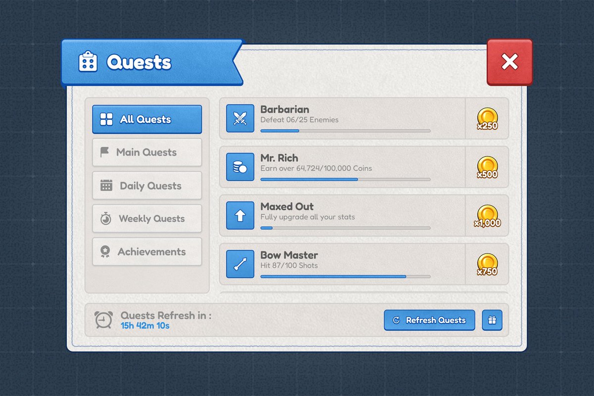 HeartifyUI's tweet photo. ✯ Quests Frame

How's this Cartoony styled Quests Frame?

Want more like this? Want UI's like this for your own game? DM me on Discord : HeartifyUI_

#ROBLOX #UIUX #UIDesigner #Interface #ROBLOXDev https://t.co/S4tG58vk4R