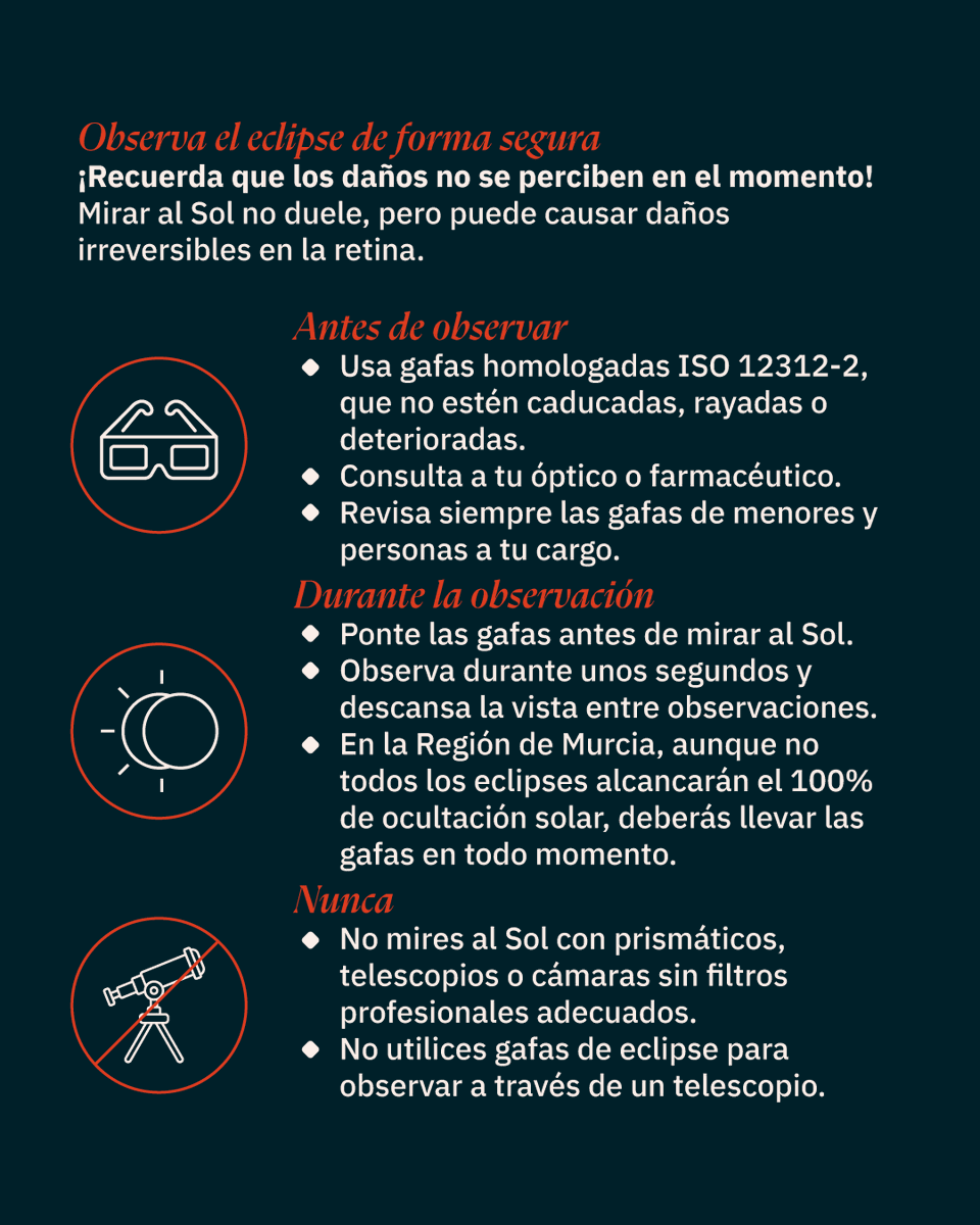 UMU's tweet photo. VIVE EL ECLIPSE EN LA REGIÓN DE MURCIA

📆​12 de agosto de 2026
Prepárate para el primero de los acontecimientos astronómicos del siglo 

🗒️​Guía para disfrutar de una observación segura https://t.co/p2egd0wM2a