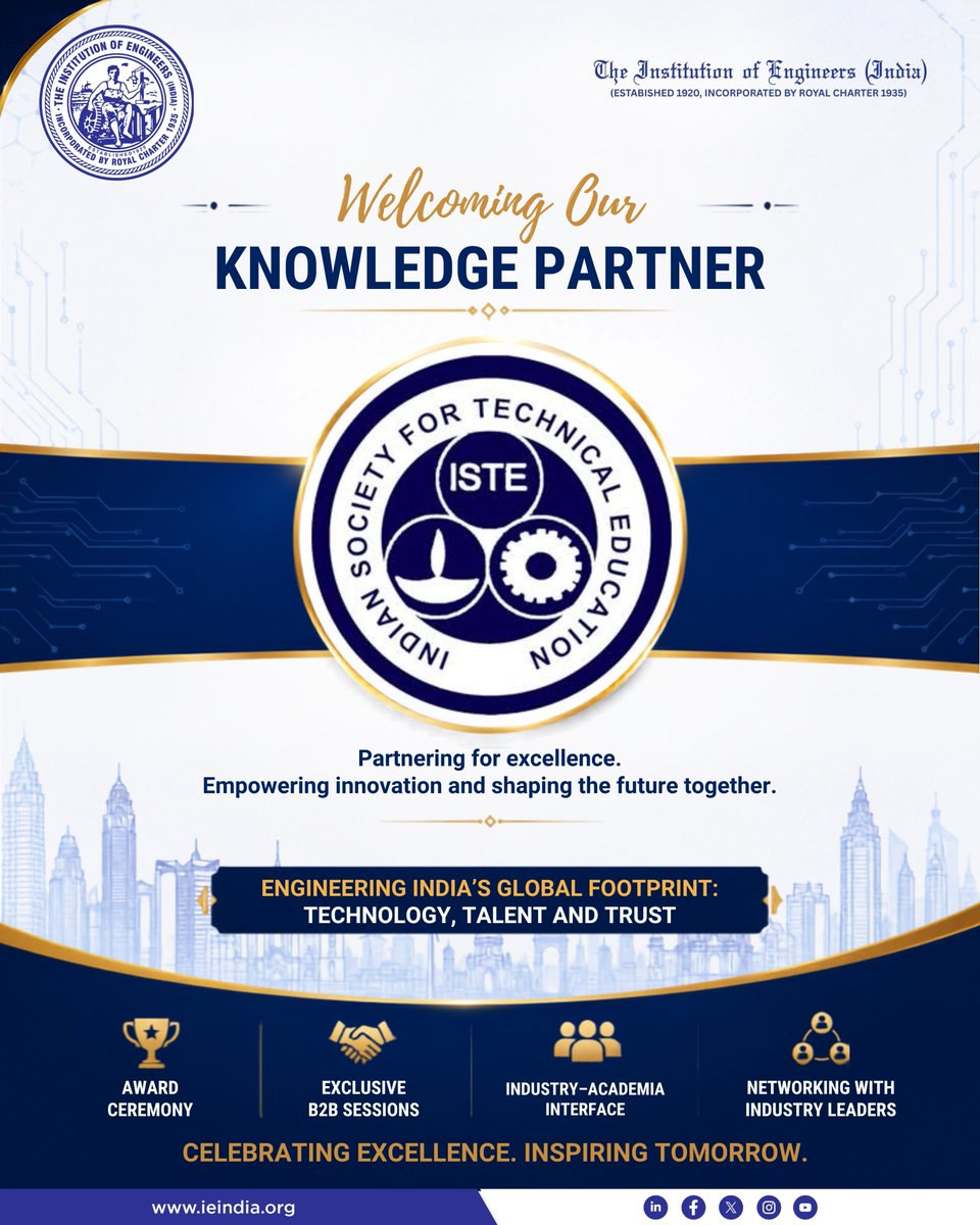 ieiawards's tweet photo. IEI Awards 2026 welcomes ISTE as Knowledge Partner!

The Institution of Engineers (India) [IEI] is pleased to welcome ISTE as a Knowledge Partner for the IEI Awards 2026.

This collaboration brings together engineering knowledge, education, industry expertise, and innovation to help shape India’s engineering future.

🏆 18th IEI Industry Excellence Award 2026
🎓 5th IEI Engineering Education Excellence Award 2026
📅 19 September 2026
📍 SCOPE Convention Centre, New Delhi
🎯 Theme: Engineering India’s Global Footprint: Technology, Talent and Trust

📅Nominate by: 20 August 2026

Register your interest here: Google Form:
Industry Excellence Award: https://t.co/XVdxIBlcvt
Education Excellence Award: https://t.co/fJswS2xI5M

#IEIAwards2026 #IEIIndustryExcellenceAward #IEIEngineeringEducationExcellenceAward #ISTE #KnowledgePartner #EngineeringExcellence #EngineeringIndia #IndustryAcademia