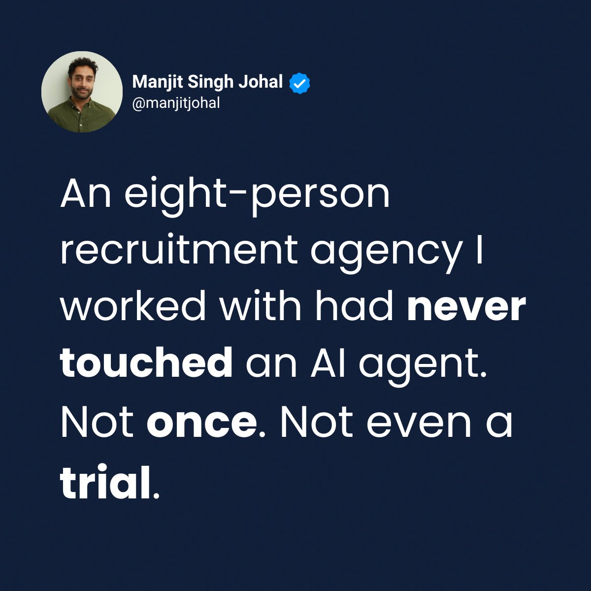 msjohal's tweet photo. An 8-person agency had never run an AI agent, just read about them.

That's 99% of SMEs.

Enterprise AI was written for the 1%.

We gave them one agent logging call outcomes. Two weeks later, nobody had to be reminded to use it.

That's nearly everyone. https://t.co/QzaNR7W4tu