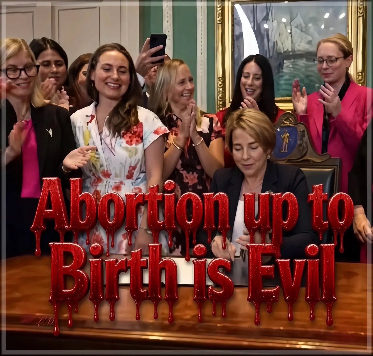 lakemonstercl1's tweet photo. Massachusetts Gov. Maura Healey just signed H.5595, removing the state’s 24-week abortion limit. The decision now rests solely on a physician’s “professional judgment”—with no gestational cutoff—effectively legalizing abortion up to birth.
Look at the signing: advocates laughing and clapping like they won the lottery. Viable fetuses that can feel pain and often survive outside the womb just lost their last legal protections.
How is deliberately ending a viable human life not murder?