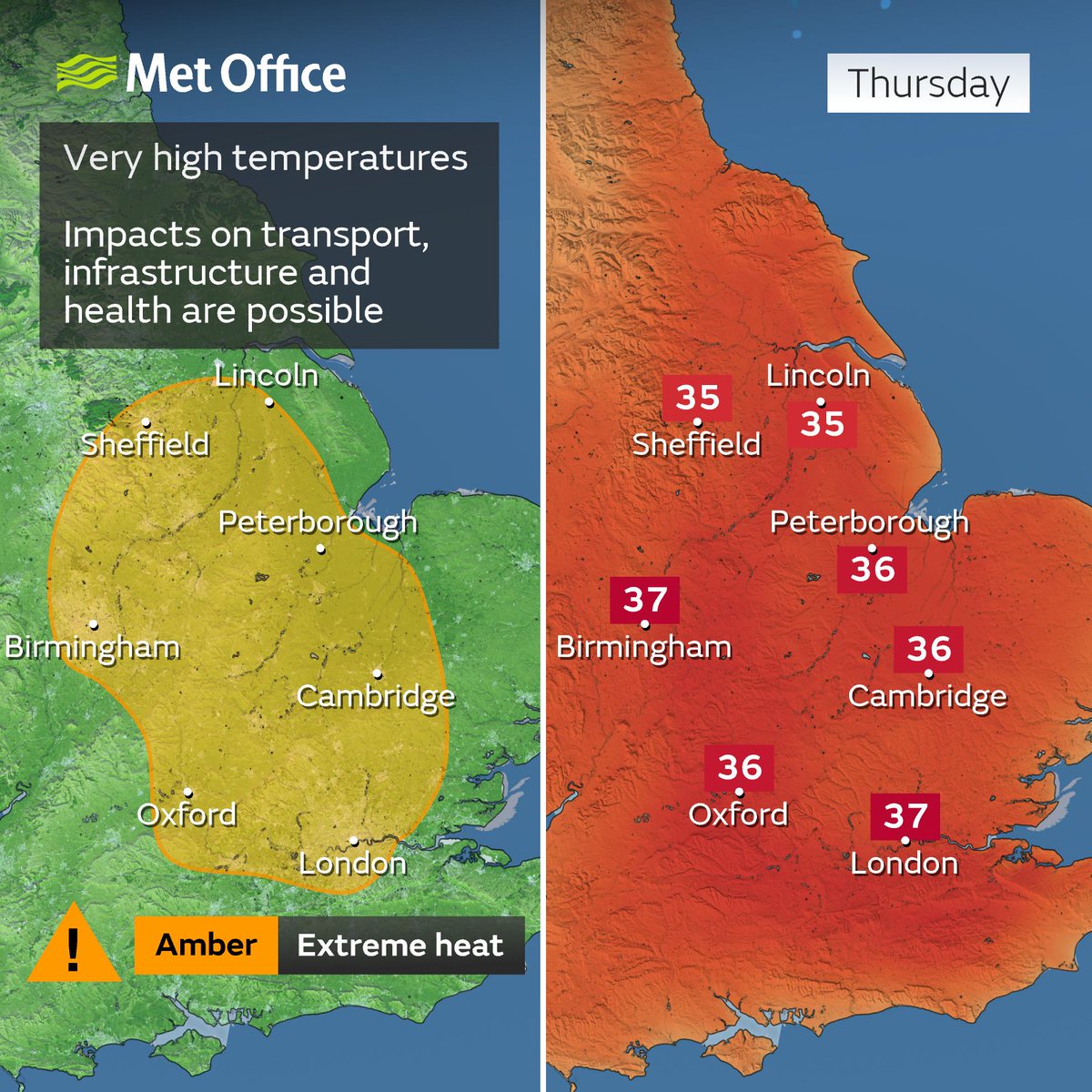 metoffice's tweet photo. ⚠️⚠️ Amber weather warning issued ⚠️⚠️

Extreme heat across eastern parts of England

Thursday 0900 – 2359

Latest info 👉 https://t.co/QwDLMfRBfs

Stay #WeatherAware ⚠️ https://t.co/9AgYp9zLdq