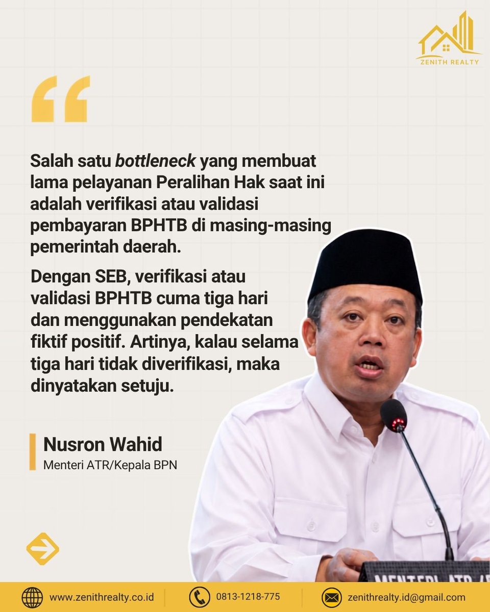 ZenithRealty_id's tweet photo. Balik nama tanah kini ditargetkan selesai maksimal 10 hari!
Verifikasi BPHTB dibatasi tiga hari, pembuatan AJB dua hari, dan proses di ATR/BPN lima hari. Kebijakan ini mulai diterapkan bertahap pada 17 Agustus 2026.

#atrbpn #bphtb #baliknama #pertanahan #properti https://t.co/RNm43VcQjl