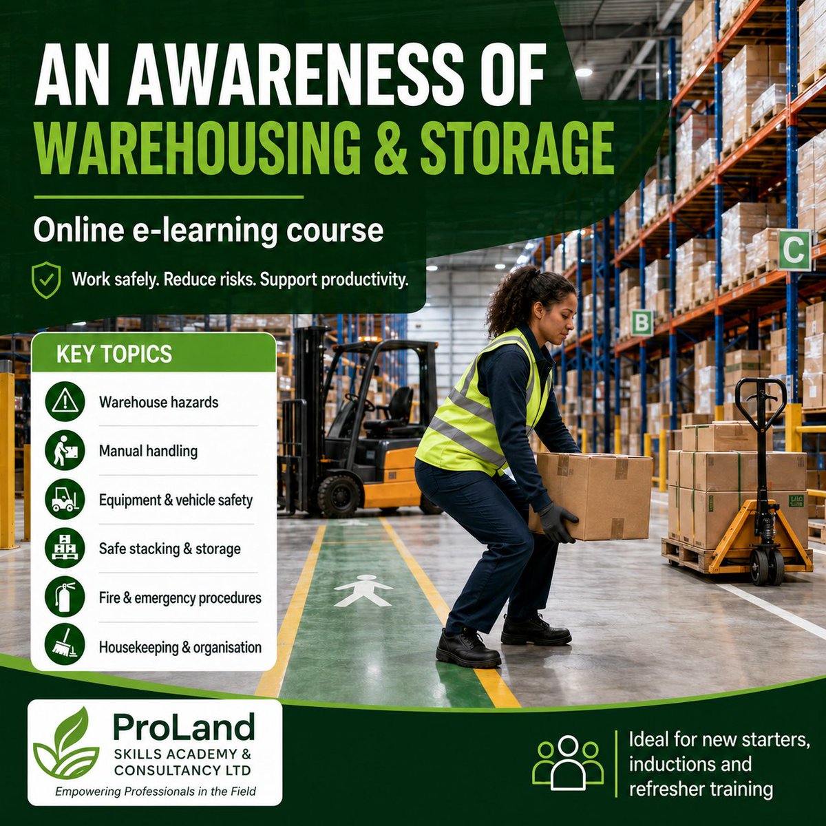 ProlandAcademy's tweet photo. As part of our growing e-learning offering, An Awareness of Warehousing & Storage is ideal for anyone beginning their journey in warehousing or looking to refresh their knowledge of safe working practices. The course covers common warehouse hazards, manual handling, equipment and vehicle safety, safe storage, fire procedures and good housekeeping.

It is suitable for new starters, workplace inductions and refresher training for existing staff.

You can find the course under the Training section of our website: https://t.co/LYApsjTNdj

#Warehousing #ELearning #WorkplaceSafety