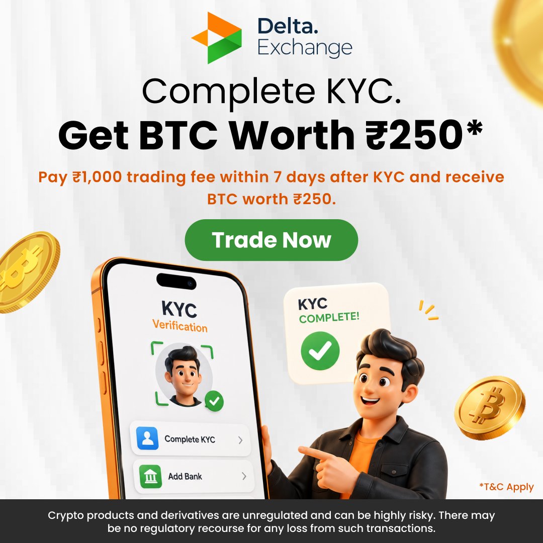 Delta_Exchange's tweet photo. Complete KYC &amp; unlock your BTC reward.