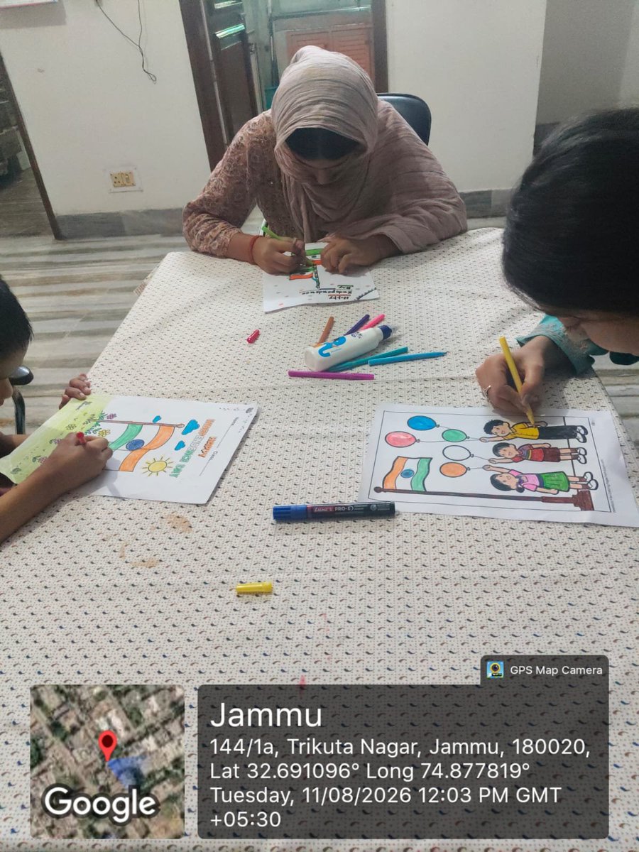 DswoJammu's tweet photo. As part of the #HarGharTiranga Campaign 2026 and to commemorate 150 years of “Vande Mataram,”the children of Open Shelter for Girls participated in a drawing and painting activity, expressing their creativity, love for the nation and pride in the Tricolour. 🇮🇳 https://t.co/r328zaiwSL