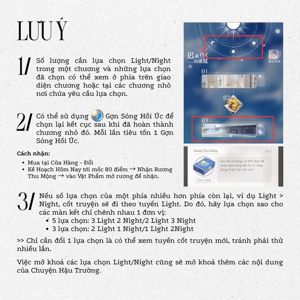 HVTKQK's tweet photo. HƯỚNG DẪN CỐT TRUYỆN | TỔNG HỢP KẾT CỤC

Học Viện xin gửi đến các Nhà Thiết Kế thân yêu cách mở khóa cùng tổng hợp các kết cục Quang và Dạ của các chương chính truyện. Hiện tại, bản SEA mới mở đến chương 10, tuy nhiên, do không muốn các Nhà Thiết Kế phải nhiều lần cập nhật theo Giáo Trình của Học Viện, nên chúng mình đã tổng hợp đến chương 18 theo bản CN và sẽ còn cập nhật tiếp trong tương lai. 

Các Nhà Thiết Kế mau mau lưu lại để có thể trải nghiệm các kết cục khác nhau nhé ٩(ˊᗜˋ*)و ♡!!!

#HocVienThietKeQuangKhai #LightandNight #TutorialLightandNight #LightandNight101