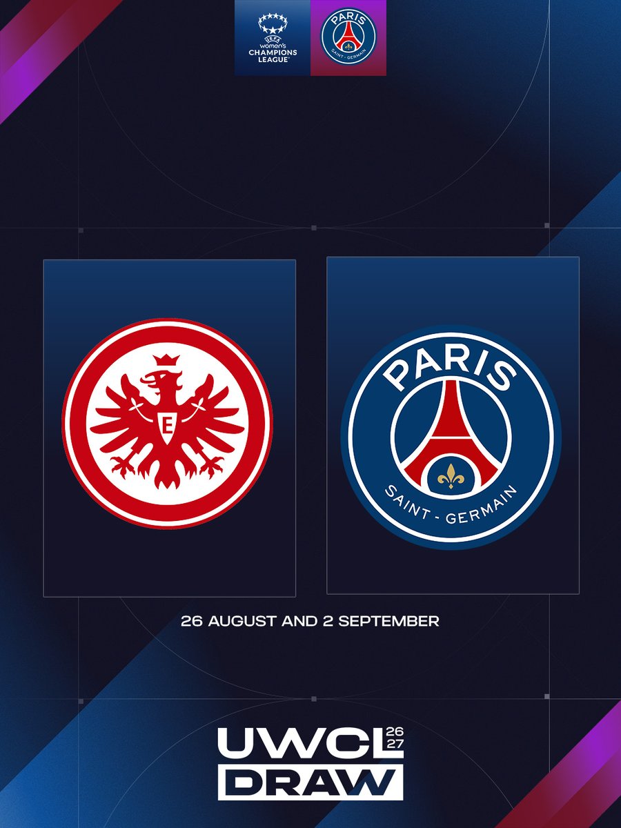 PSG_Feminines's tweet photo. L'Eintracht Francfort pour nos Parisiennes au troisième tour de qualification à l'@UWCL ! 🇩🇪

✈️ Match aller en Allemagne le 26 août.
🏡 Match retour à domicile le 2 septembre.

#UWCLDraw https://t.co/yC4mc6qItr