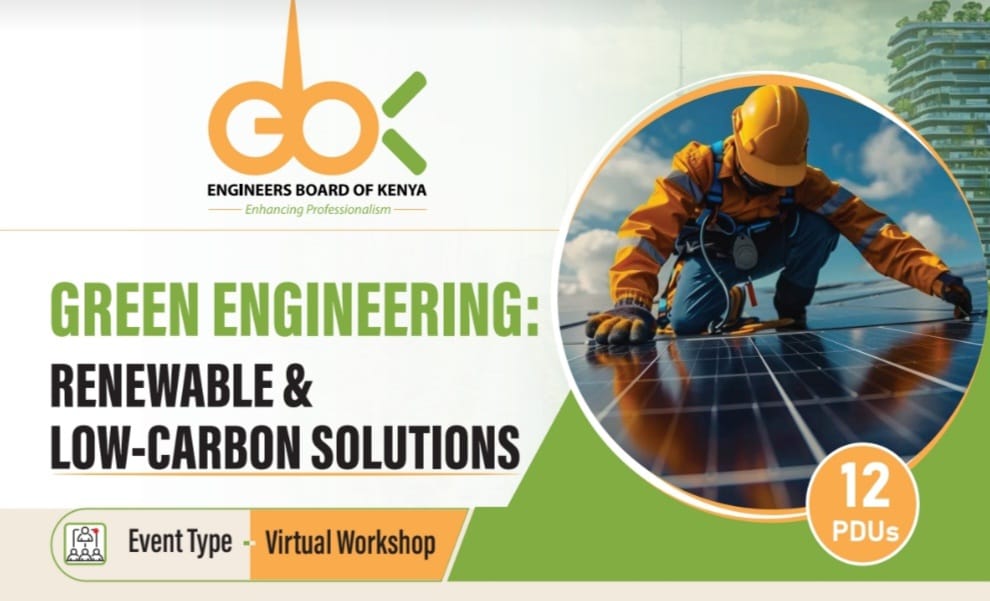 EngineersBoard's tweet photo. What if your next CPD session could change how you approach your projects?

Over 70 engineers recently joined @EngineersBoard on a two-day virtual CPD workshop on “Green Engineering — Renewable & Low-Carbon Solutions”, exploring practical solutions shaping the future of engineering in Kenya.

From Solar PV and Battery Energy Storage Systems (BESS) to Wind and Hydropower, engineers gained insights into technologies driving the transition to cleaner energy.

The training took the conversation further — exploring low-carbon materials, lifecycle design, energy auditing, green BOQs, Net-Zero Energy Buildings and green financing.

And it wasn’t just theory. Interactive Q&A sessions allowed participants to connect the learning to real engineering challenges and professional practice.

✅ The takeaway? Engineering is evolving — and staying ahead means continuously upgrading your knowledge and skills.

Missed this session? Don’t miss the next one.

Keep learning. Keep growing. Keep engineering a better future with EBK.

#ContinuousProfessionalDevelopment #EngineeringInKenya