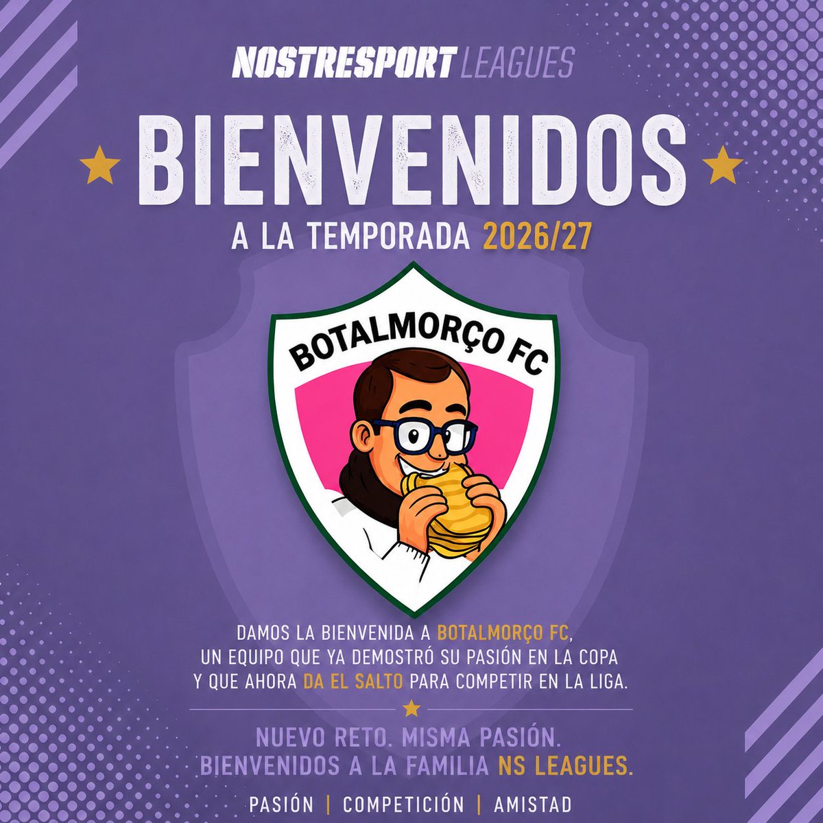 NSLeagues's tweet photo. 🆕 ¡Benvinguts a Nostresport Leagues, Botalmorço FC! 💜

Després de competir en la Copa, arriba el moment de fer el salt a la lliga. ⚽🔥

🎯 Nou repte.
💪 La mateixa passió.
¡Molta sort en esta nova etapa! ¡Ens veiem sobre la gespa!

#NSLeagues #Futbol7 https://t.co/VhHaO7aI1Q