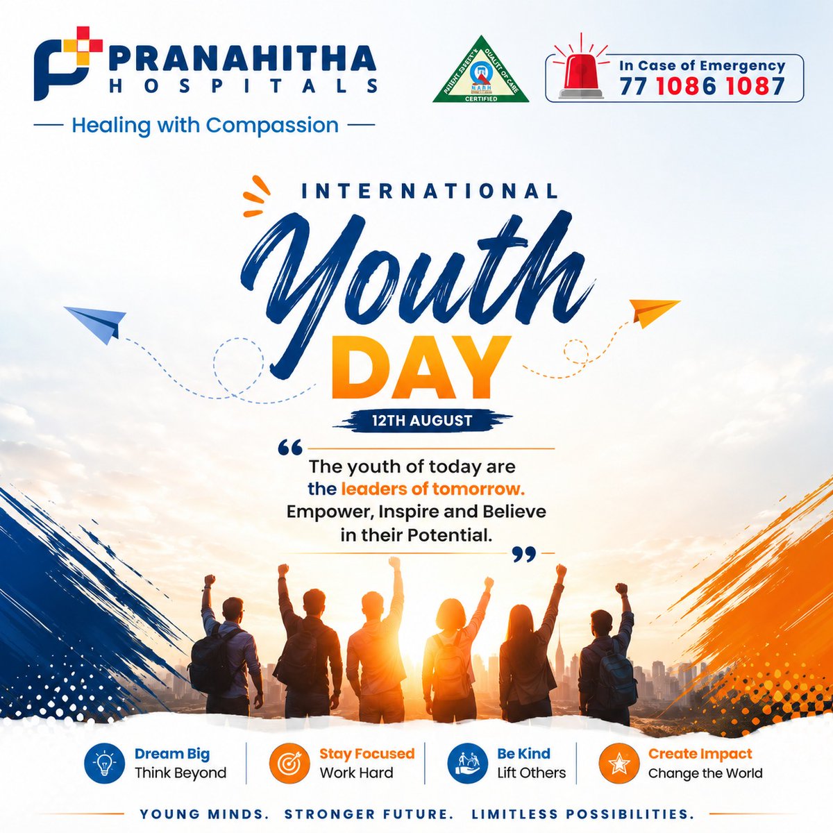 Pranahithahosp's tweet photo. Happy International Youth Day 2026!
Let’s celebrate the energy, creativity, courage and dreams of young people worldwide.

#InternationalYouthDay #InternationalYouthDay2026 #YouthDay #pranahithahospitals #dilsukhnagar #hyderabad #YouthPower #YouthEmpowerment #YouthLeadership https://t.co/JZ39vbP6Q0