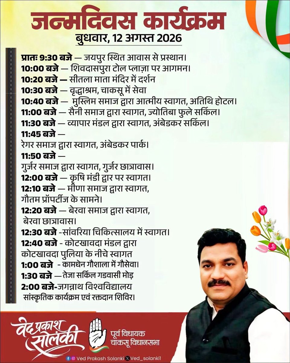 AshokPu76845682's tweet photo. कल आदरणीय Ved Solanki जी के जन्मदिन पर चाकसू विधान सभा में निम्नानुसार कार्यक्रम आयोजित किया जाएगा! आप सभी साथी सादर आमंत्रित हैं!
@Ved_Solanki1 https://t.co/idgNfI21j6