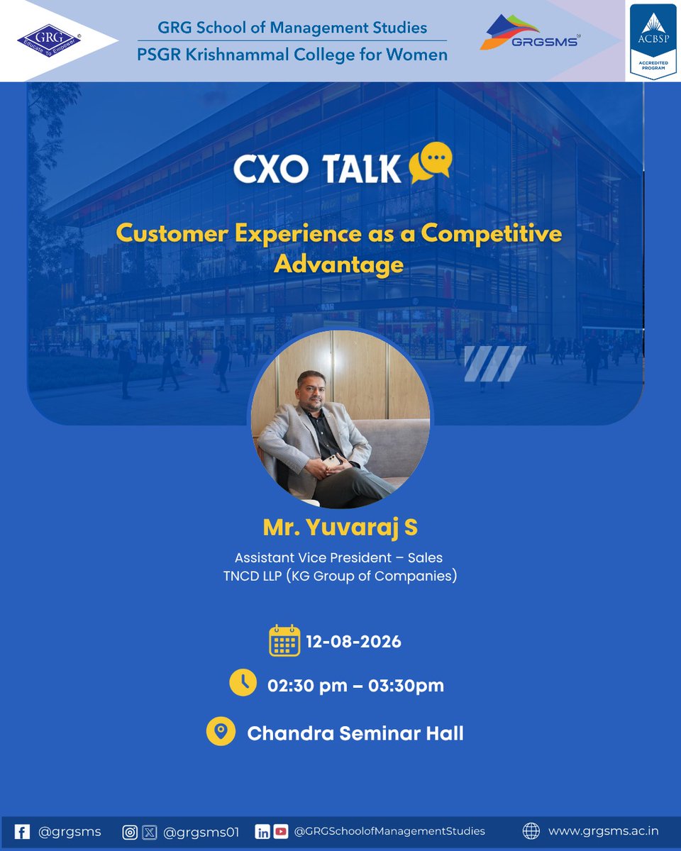 GRGSMS01's tweet photo. #CXOTALK | #CustomerExperience as a Competitive Advantage
#GRGSMS welcomes Mr. Yuvaraj S., AVP–Sales, TNCD LLP (KG Group), for an insightful session on customer experience, loyalty &amp; competitive advantage.

📅 12 Aug | ⏰ 2:30 PM | 📍 Chandra Seminar Hall

#PSGRKCW #KCW #GRG https://t.co/zSmtaGO2eD