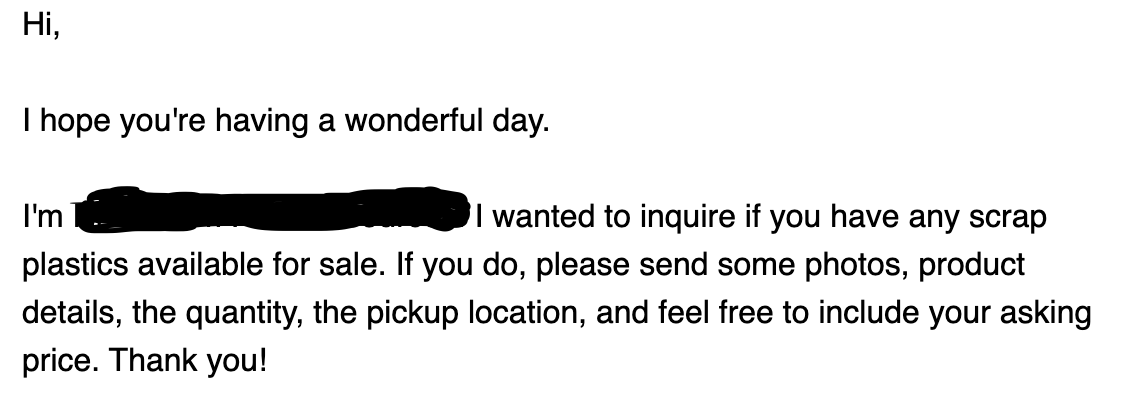 plasticboss's tweet photo. I get multiple emails like this every day.
Stop wasting your time.
They don't work.
Get out and shake some hands.
Introduce yourself and tell people the problems you solve.
ALWAYS carry your business cards.
TALK to everyone.
#weregonnafindout https://t.co/iKkVTL68rC
