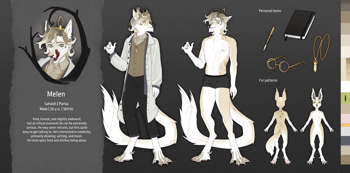Melisokay06's tweet photo. For a long time, he didn’t have a proper reference, and his appearance changed quite often. But now… meet Melen!

Thanks to SkyHound for the support and help with the character. And thanks to CayoteKayou, who drew the reference. https://t.co/BeTASsEXps