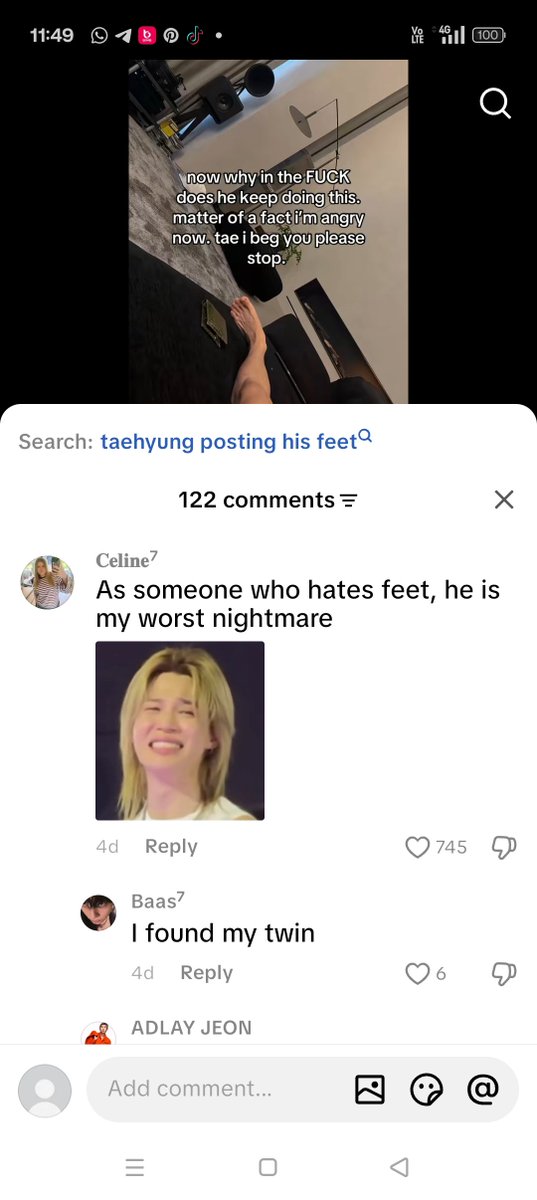 nanalienn01's tweet photo. @meikthvs they mad cuz taehyung post his feet in Ig..taehyung got drag in the comment just for posting his feet pic...it's his ig post, so why they r mad https://t.co/c6Qyx6eENa
