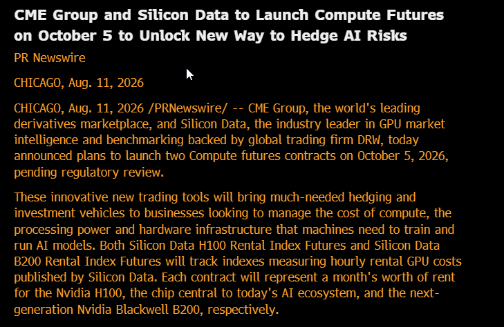 matthew_sigel's tweet photo. CME and Silicon Data to launch Compute Futures (H100 and B200) on October 5th to unlock new way to hedge AI risk

CME seeks 24/7 trading of 100-ounce Silver futures after strong Gold debut.

Product cadence picking up from CME. https://t.co/PXBONROVFD