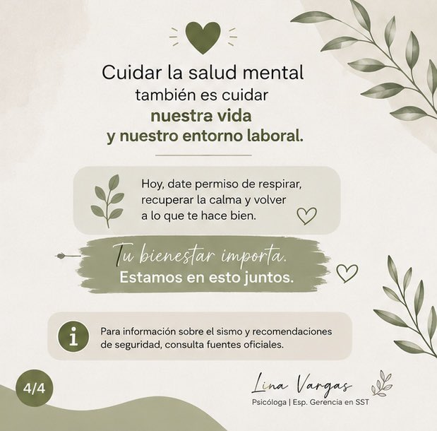 linavargas01's tweet photo. 🤍 Después de un temblor, cuida también tu mente.

🌿 Hablar, respirar y buscar apoyo también es cuidarnos.

Lina Vargas | Psicóloga · Esp. Gerencia SST

🎥 Más contenido sobre salud mental y bienestar laboral en TikTok:
@linavargas.psicologa https://t.co/8zcHVxDwFP