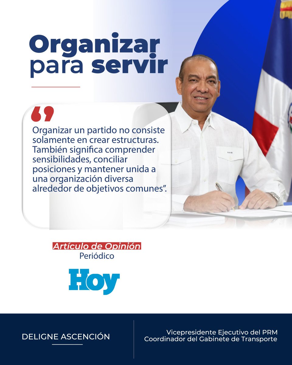 DeligneAB's tweet photo. Organizar no es solo ordenar estructuras; es crear las condiciones para servir mejor, estar más cerca de la gente y responder con eficiencia a sus necesidades.

En mi artículo de esta semana, “Organizar para servir”, comparto algunas reflexiones sobre la importancia de construir organizaciones sólidas, con propósito y vocación de servicio.

Les invito a leerlo en el periódico HOY. 

https://t.co/0Qkp3tOTdb