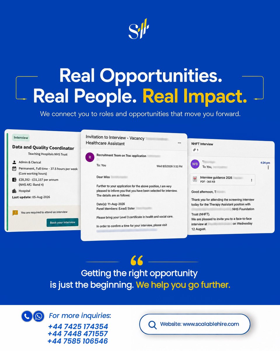 Scalablehire's tweet photo. Real people. 
Real interviews. 
Real impact.

These are actual interview invitations our clients have received this week for UK job roles.

Data and Quality Coordinator. Healthcare Assistant. Therapy Assistant.

We don’t just help you apply.
We help you get seen, get shortlisted, and get hired.

If you’re job hunting in the UK, let’s work on your CV, LinkedIn, and interview prep.

DM "JOBS" and comment with the role you are looking for.